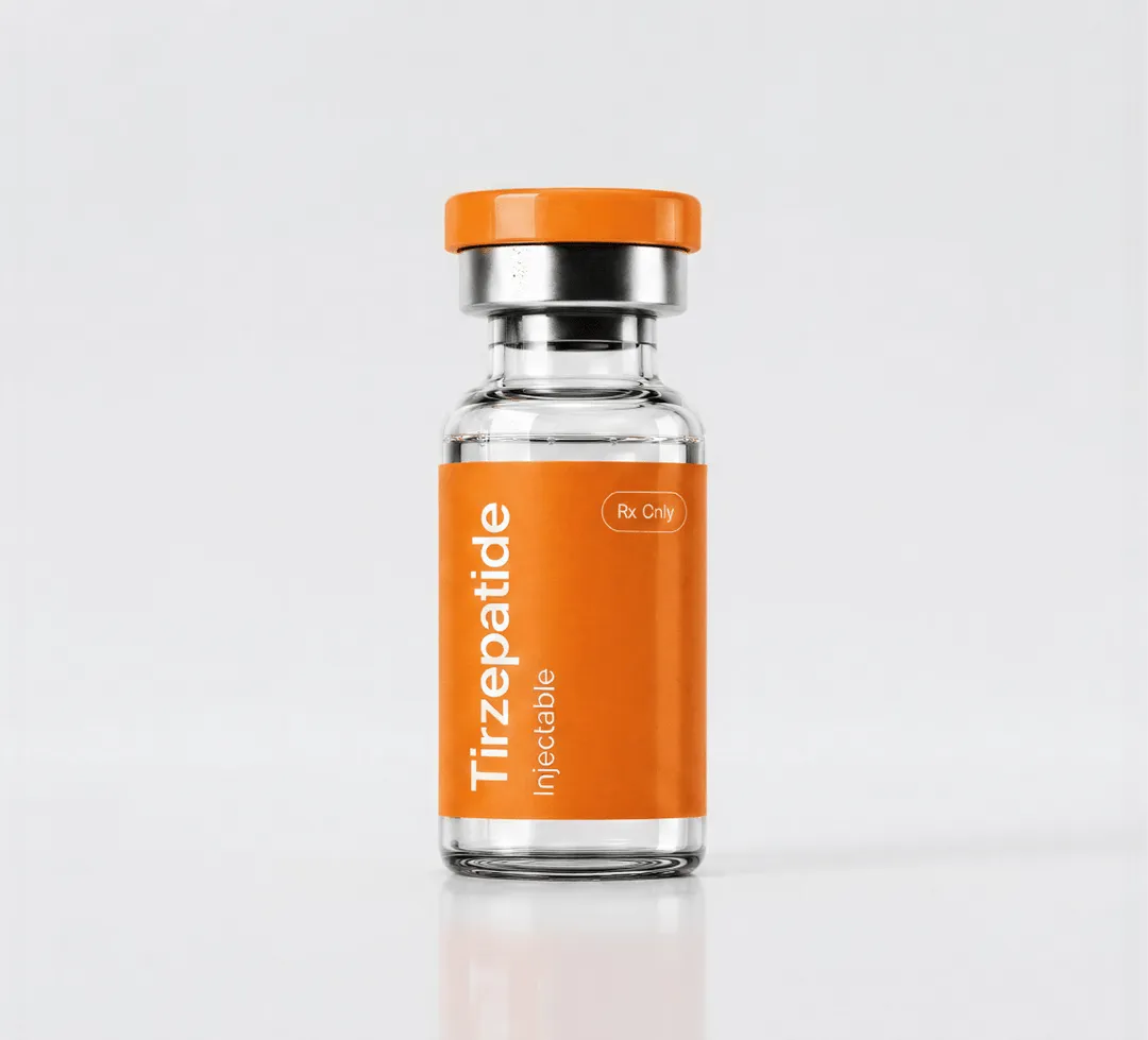 Vial pequeño con etiqueta y tapa naranja, tirzepatida compuesta.