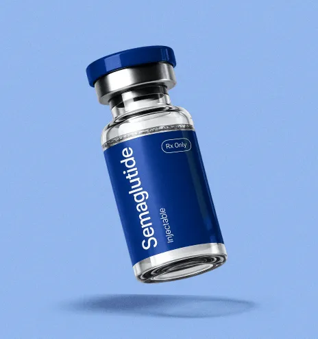 Frasco de semaglutida compuesta con tapa azul sobre un fondo claro.