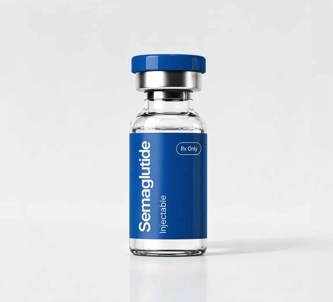 Vial de vidrio con etiqueta y tapa azul, semaglutida compuesta.