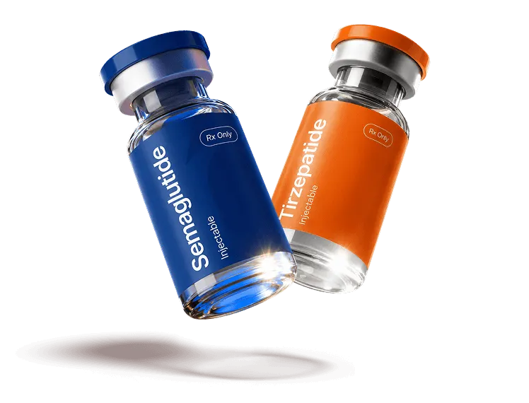 Dos inyectables compuestos, semaglutida en azul y tirzepatida en naranja.