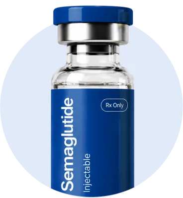 Primer plano de un vial inyectable de semaglutida compuesta con tapa azul.