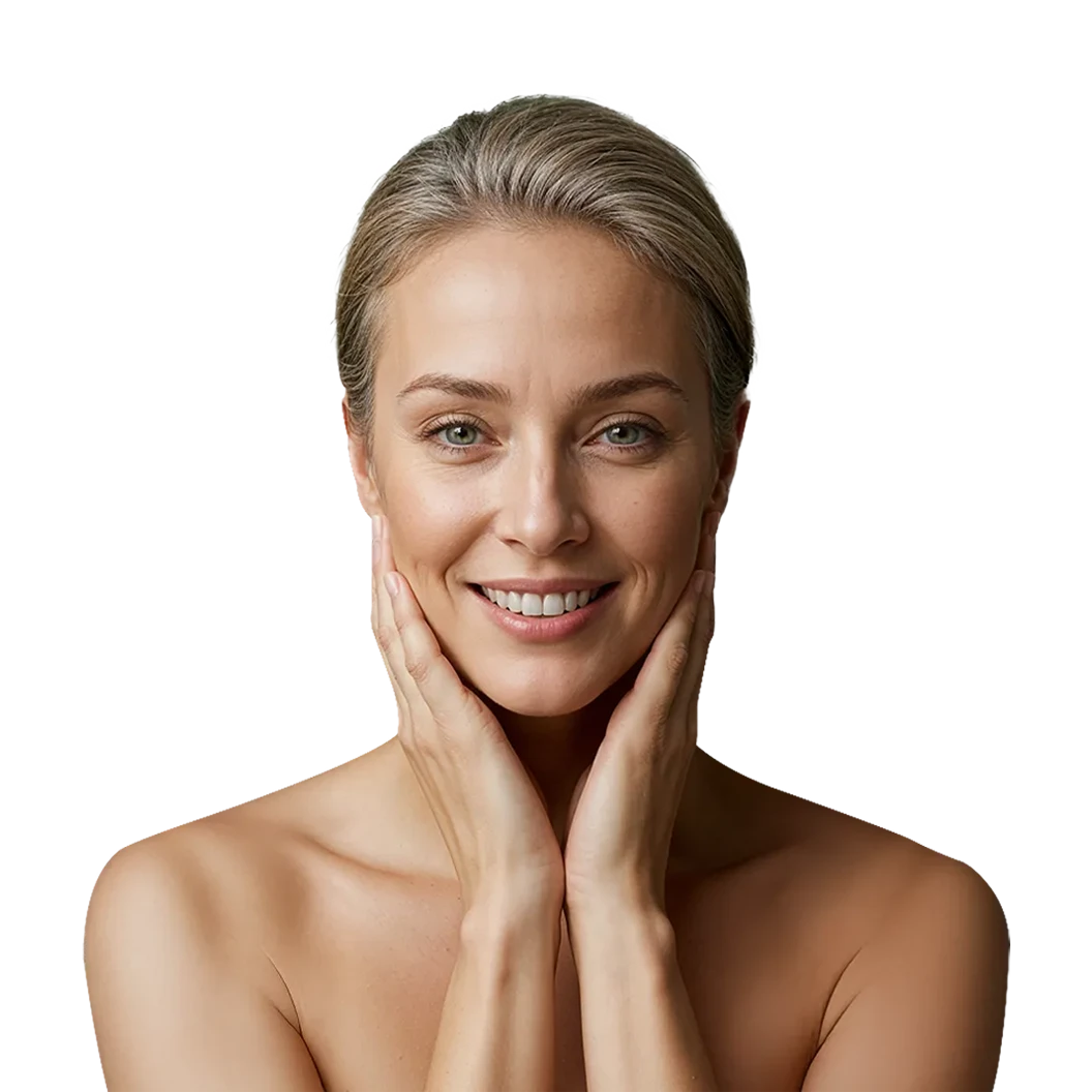 Una mujer madura sonriendo con el rostro entre las manos